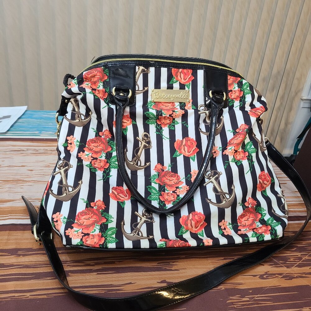 Betseyville Black & White Stripe Anchor Roses Overnight Crossbody Shoulder Tote